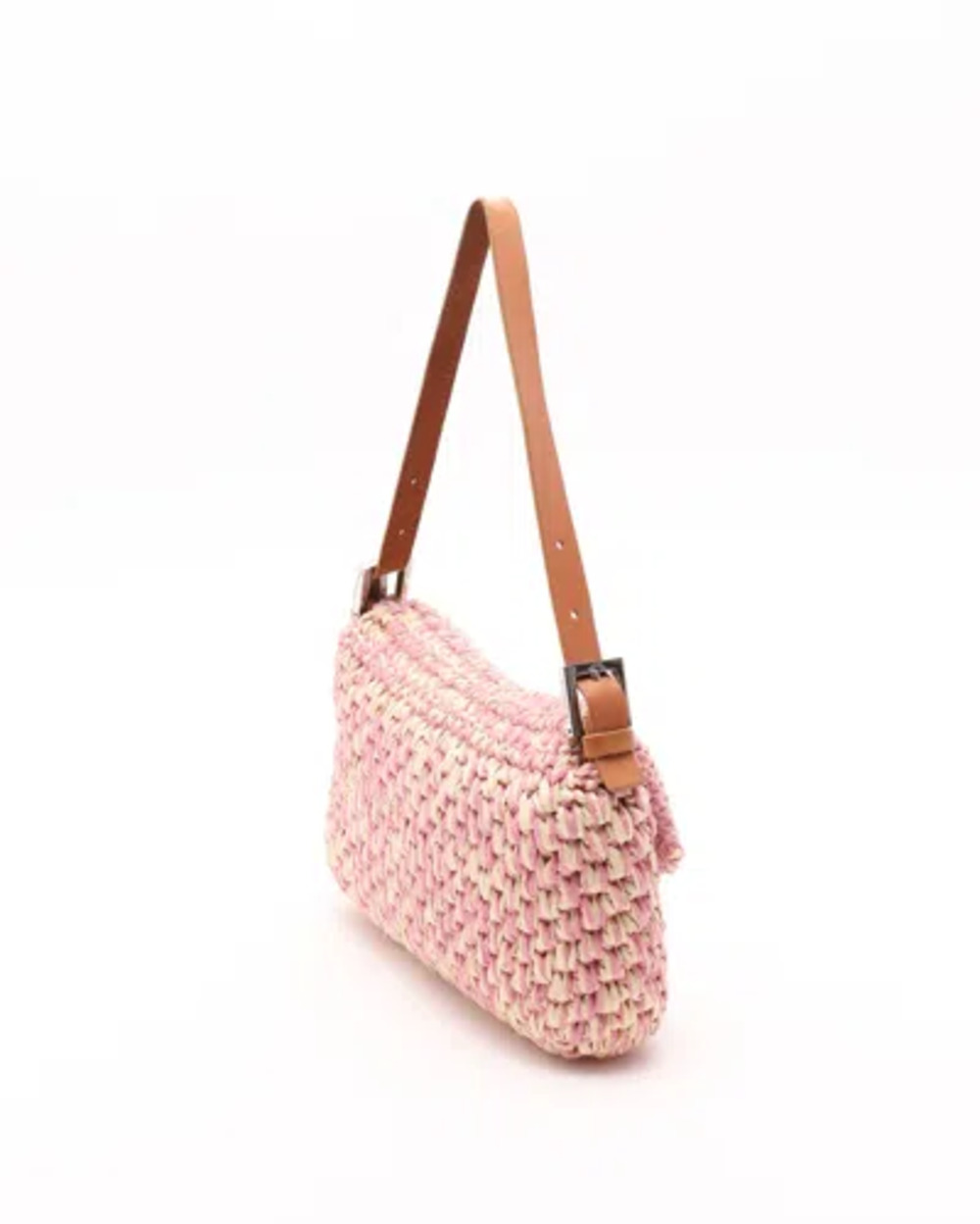 Fendi Pink Crochet Raffia Baguette Silver Hardware Leather Trim Authentic - Picture 3 of 10